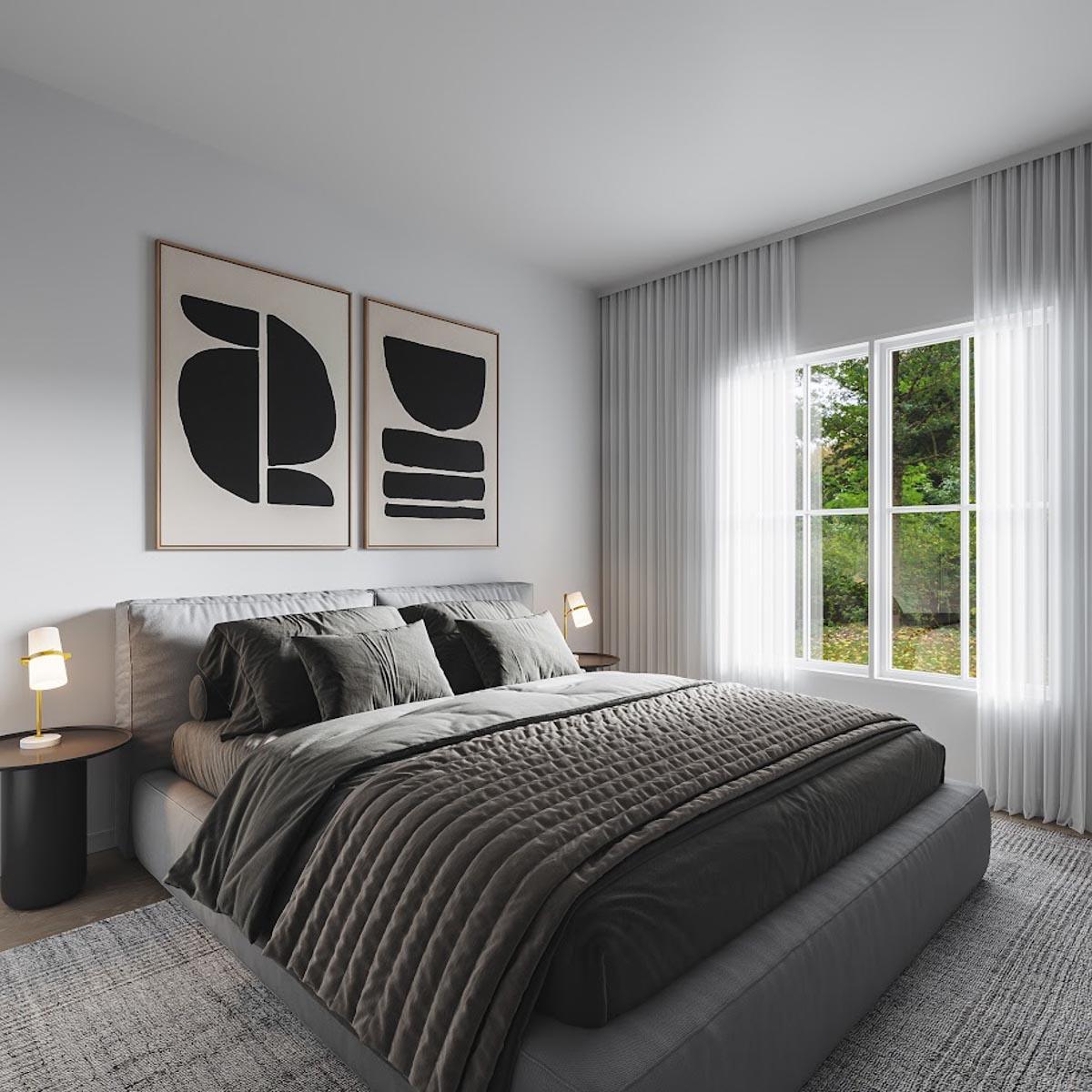 Primary bedroom with king bed, abstract art, and large window with curtains.