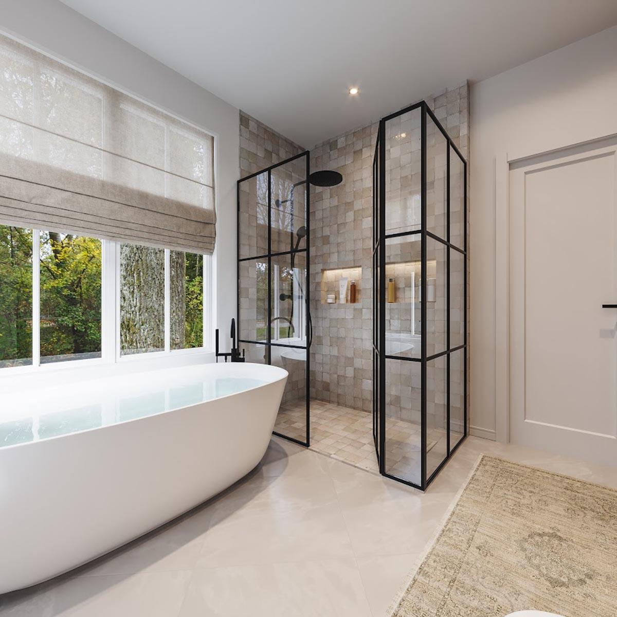 Bathroom interior featuring freestanding tub, walk-in shower with black metal frame, and large window.