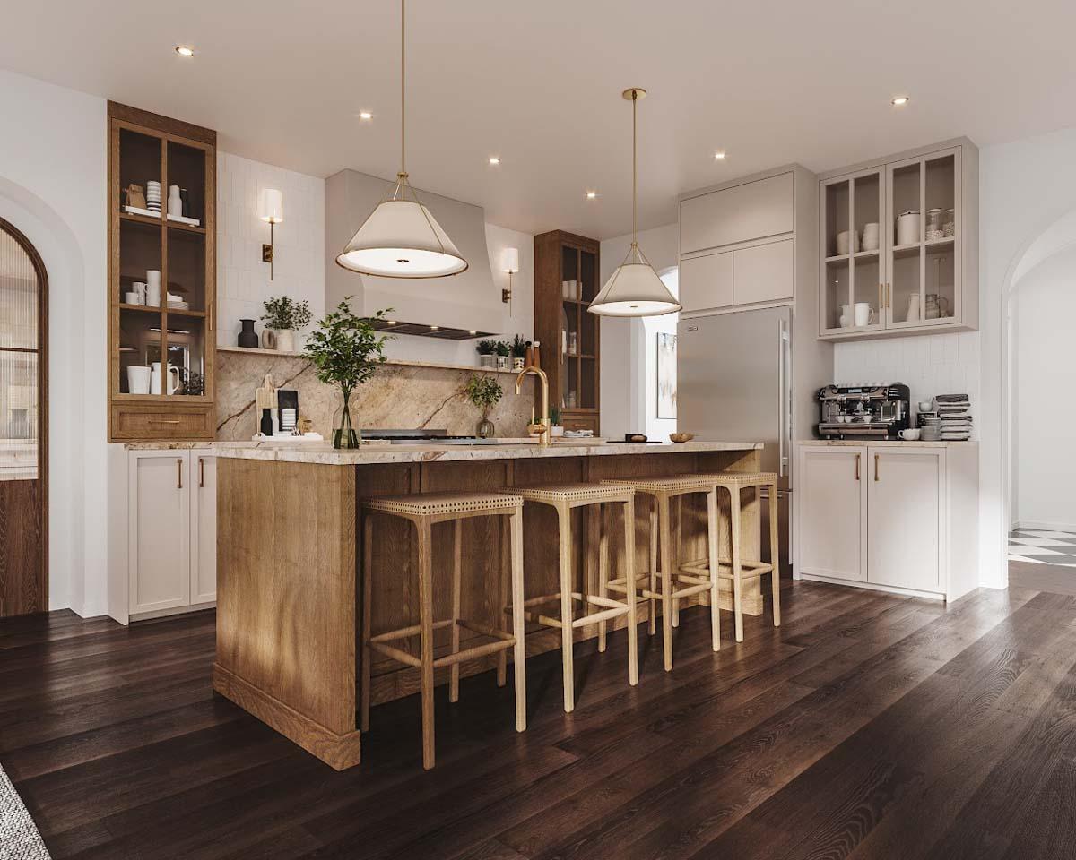 Spacious, modern kitchen featuring a large wooden island with bar stools, marble countertops, and warm lighting. Dark wood floors extend throughout.