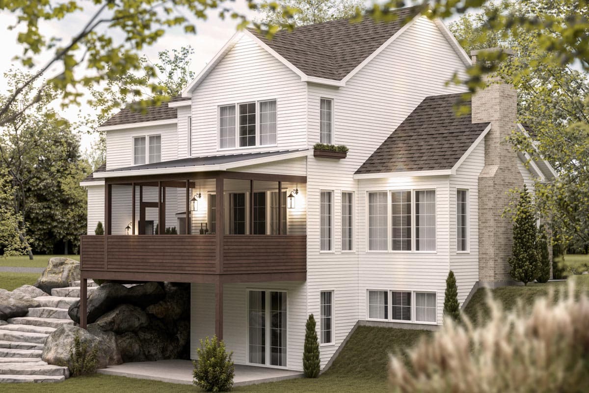 A two-story white house with a brown porch overhangs a rocky landscape with stone steps. The house has a brick chimney and a dark roof.