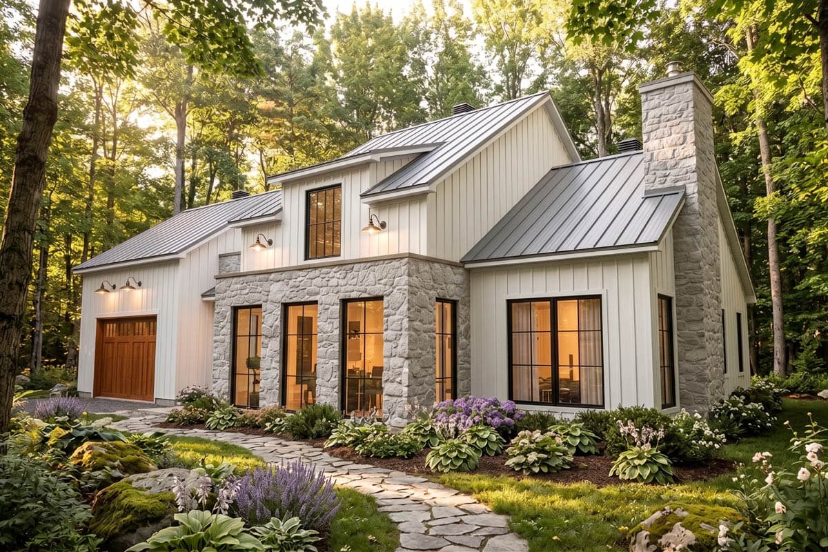 House plan exterior with stone accents, two-story gables, attached garage, and a chimney. Features include a covered entry and large windows.