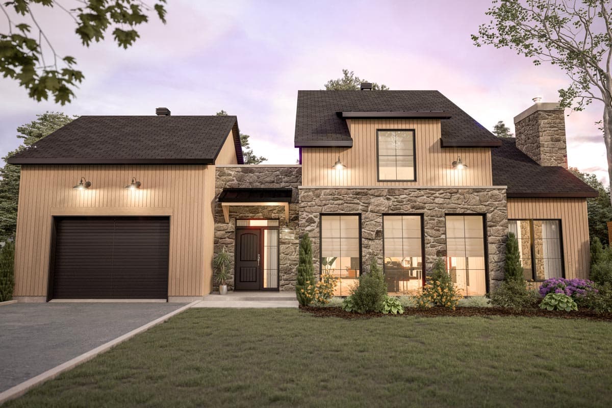 House plan exterior with stone accents, two-story gables, attached garage, and a chimney. Features include a covered entry and large windows.