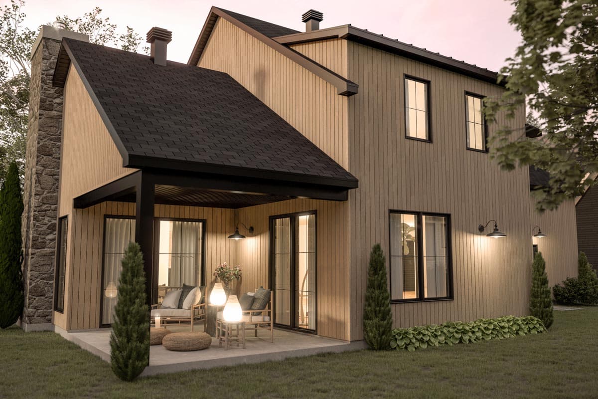 Two-story house plan exterior with stone chimney, vertical siding, covered porch, and black-framed windows.