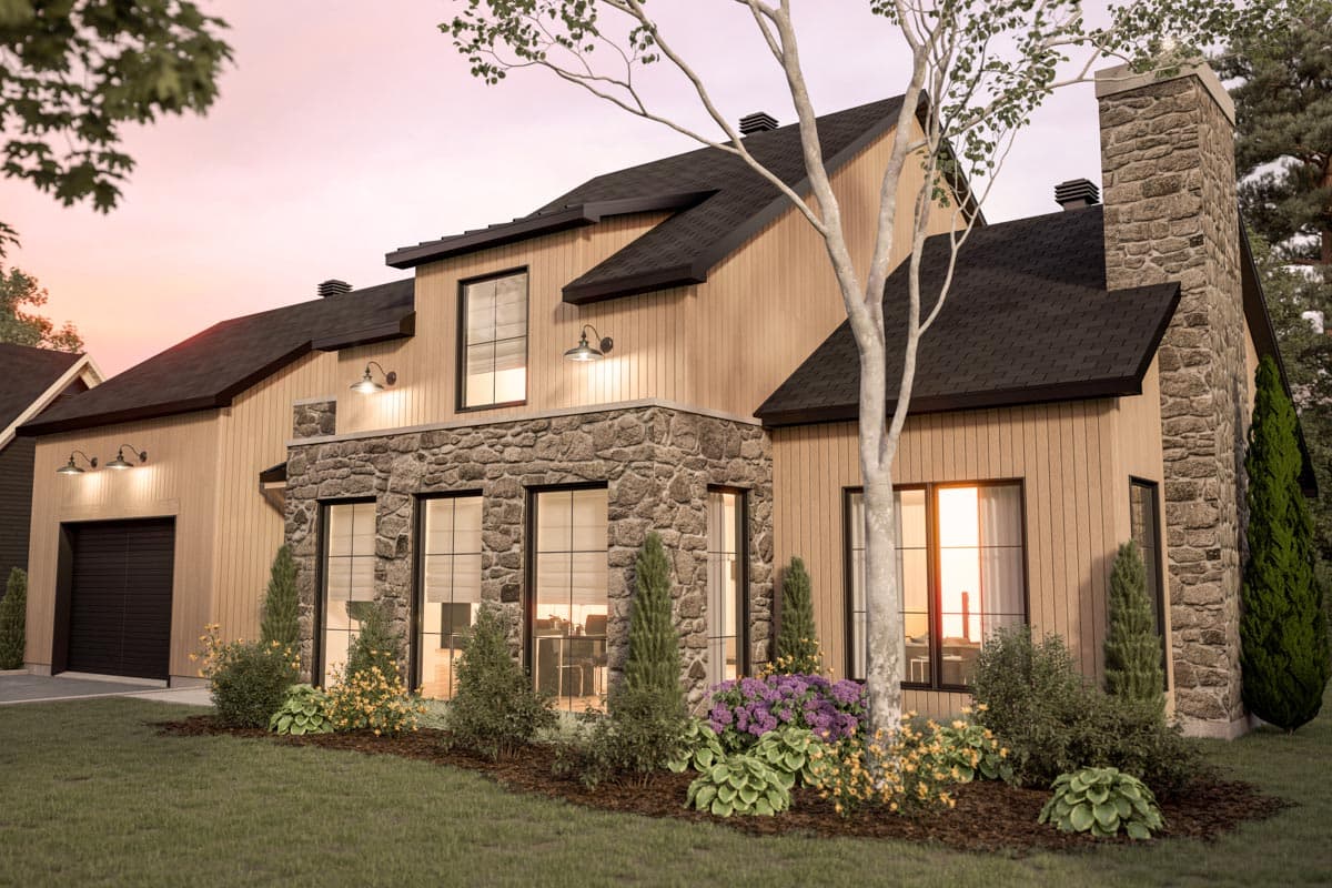 House plan exterior featuring a two-story design with stone accents, vertical siding, dark garage door, and multiple gables.