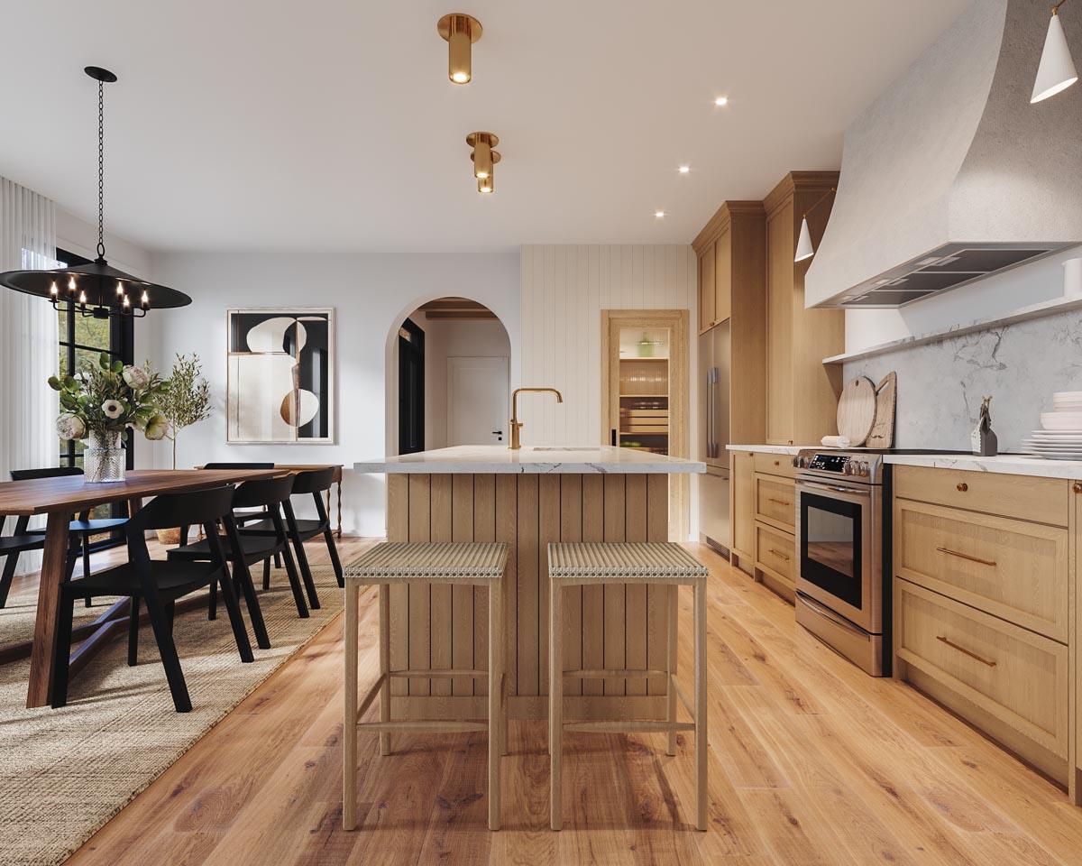 Open concept kitchen and dining area with wood cabinetry, large island with seating, and dining table with chairs.