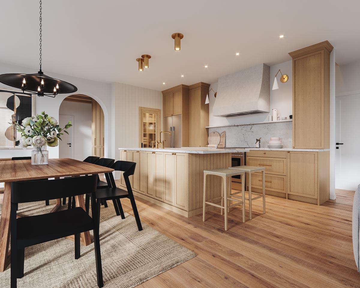 Modern kitchen with light wood cabinetry, marble backsplash, large island with seating, and adjacent dining area with wood table and black chairs.
