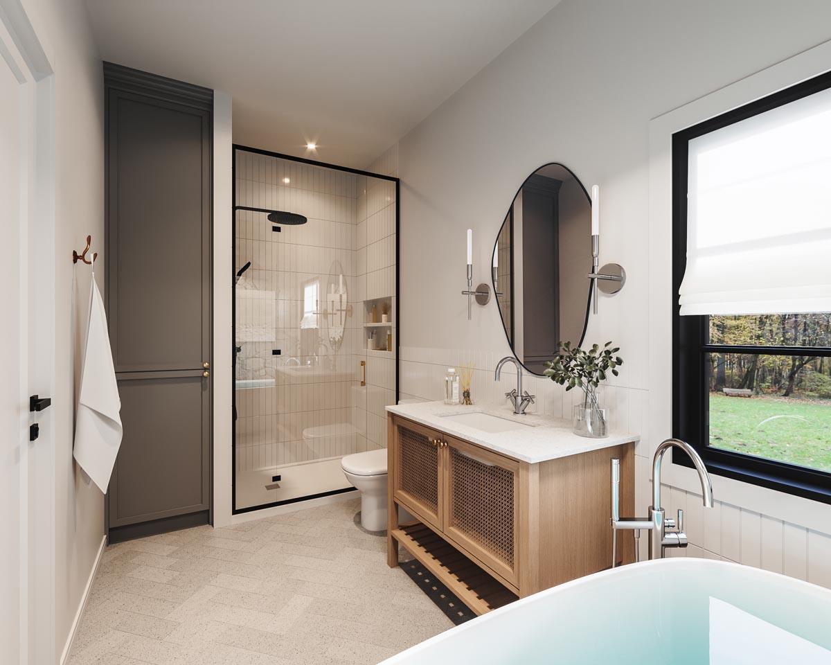 Modern bathroom with walk-in shower, wood vanity, freestanding tub, and large window overlooking nature.