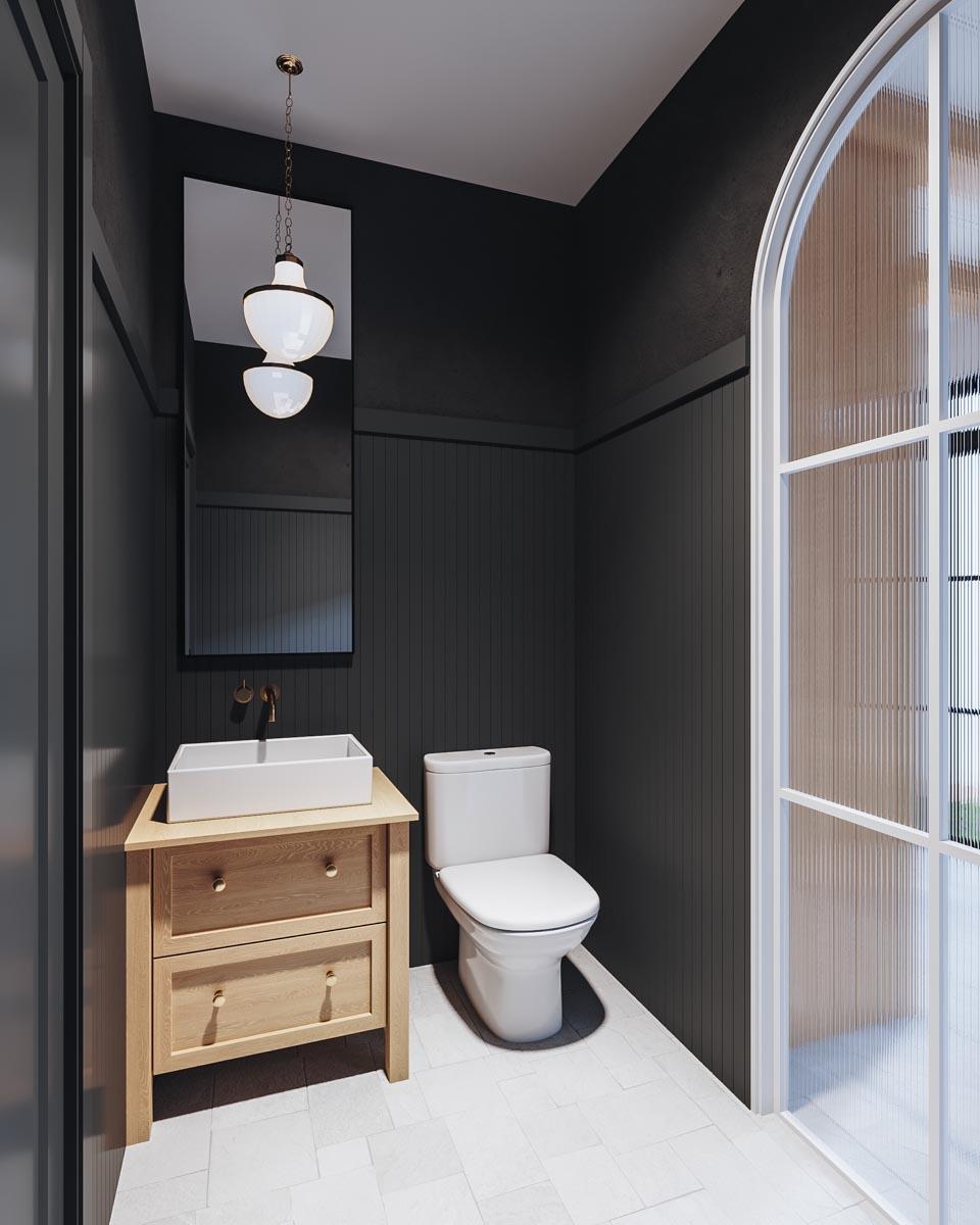 Interior rendering of a powder room with a wood vanity, white vessel sink, modern toilet, and fluted glass arched door.