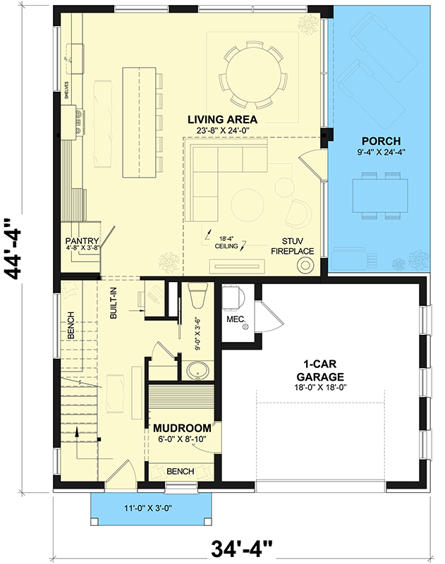 Plan 22672DR: Scandinavian-Style 3 Bed House Plan Under 1800 Square Feet with 1-Car Garage - Floor Plan - Main Level - European, Scandinavian