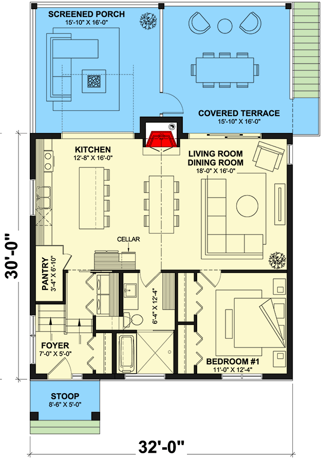 Plan 22673DR: 2 Bed Split Level Contemporary Cottage Under 2000 Sq Ft with Outdoor Space on Both Levels - Floor Plan - Main Level - Cabin, Contemporary, Cottage, Mountain, Vacation