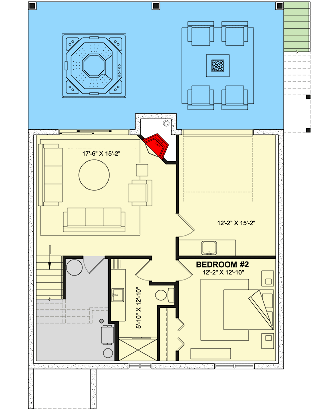 Plan 22673DR: 2 Bed Split Level Contemporary Cottage Under 2000 Sq Ft with Outdoor Space on Both Levels - Floor Plan - Lower Level - Cabin, Contemporary, Cottage, Mountain, Vacation