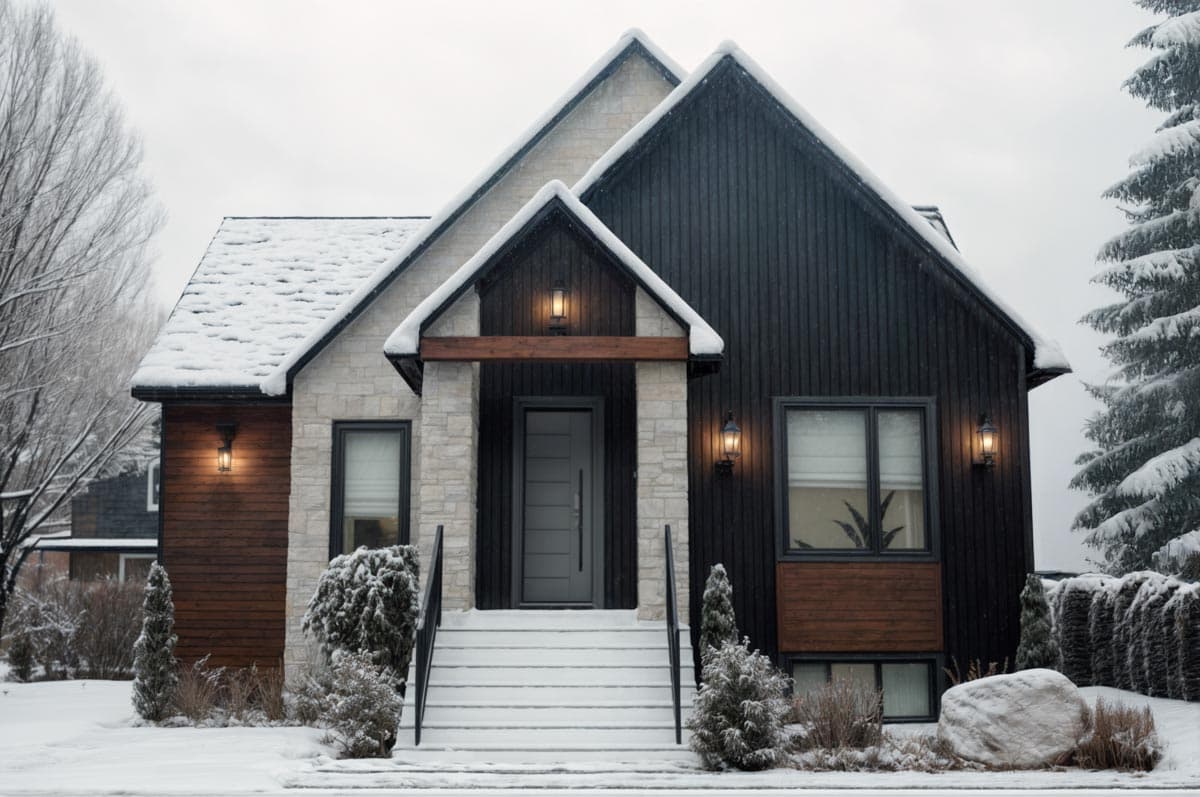 A modern house with a snowy roof and entrance. It has a black facade and stone accents, with a snowy landscape around it.