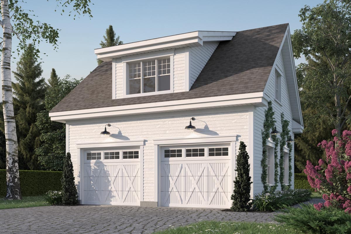 House plan exterior with two-car garage. Features include a gable roof, dormer, and clapboard siding. Includes exterior sconce lighting.