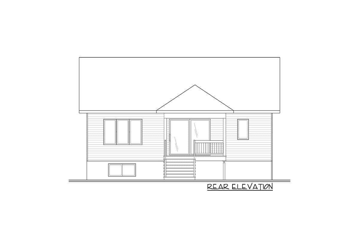 Rear elevation of a house plan, showing siding, a gable roof, sliding doors, a small porch with railing, and multiple windows.