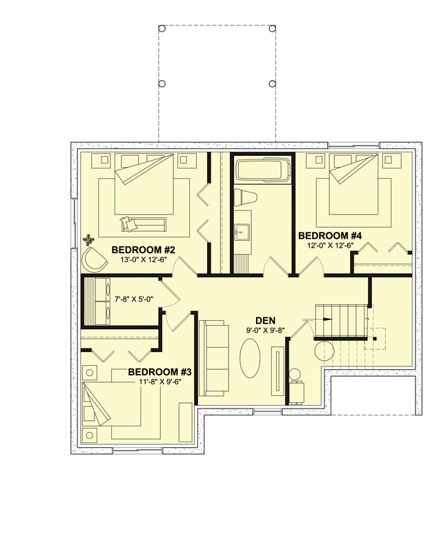 Plan 22676DR: 2050 Sq Ft Split-Level Ranch Plan with 4 Beds and Lower Level Den - Floor Plan - Lower Level - Modern Farmhouse, New American, Ranch