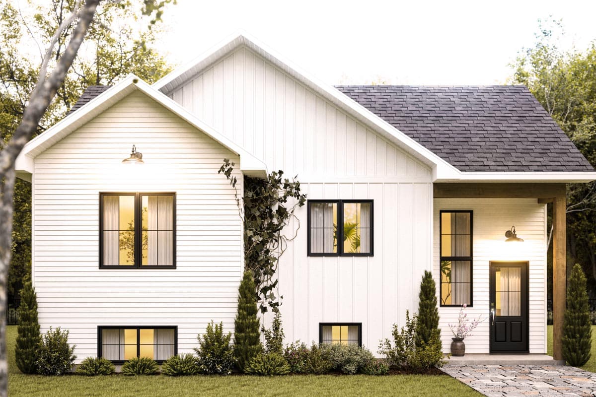 House plan exterior. Modern Farmhouse style with gabled roof, vertical siding, and front porch. Includes black-framed windows and a dark front door.