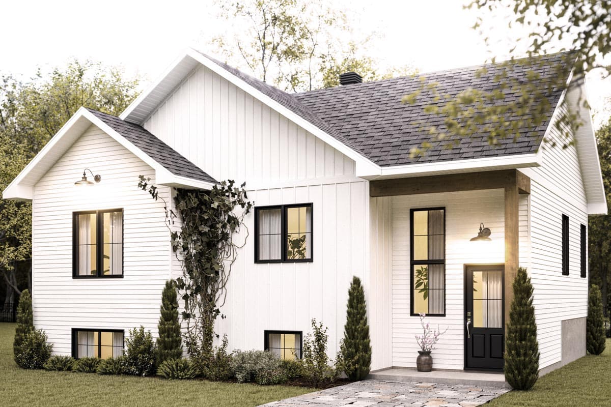 Modern farmhouse house plan exterior with vertical siding, gables, and a covered entry with wooden beams.