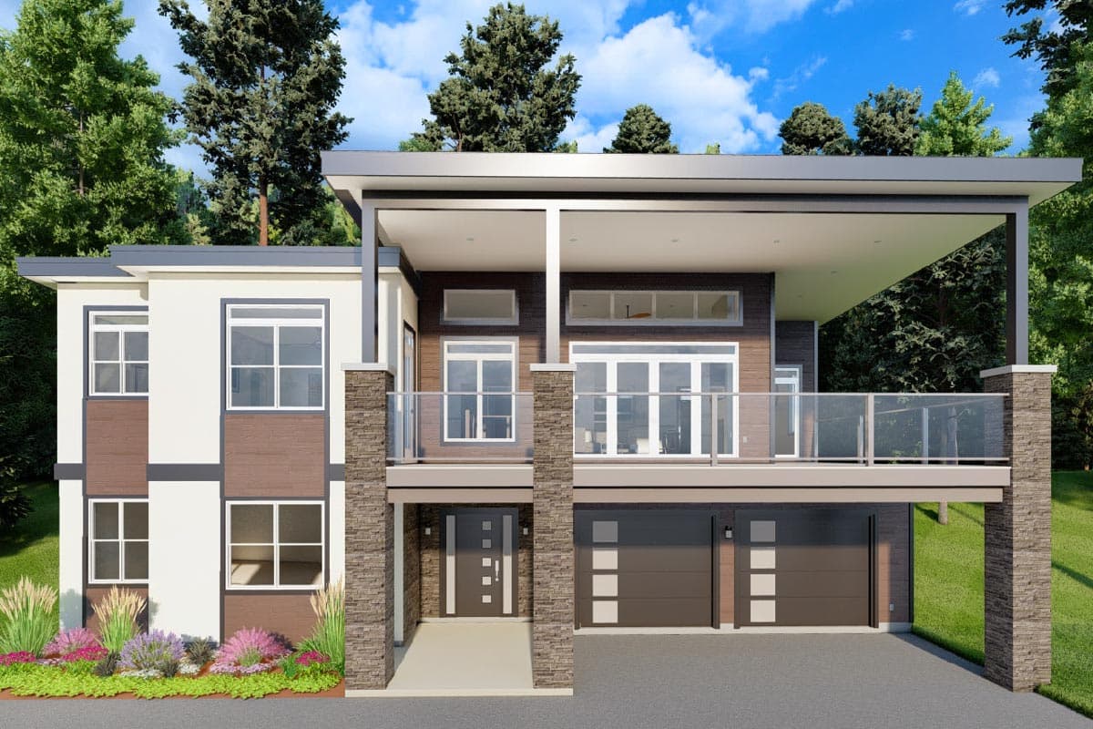 House plan exterior. Modern style, two-story home with covered balcony, stone columns, glass railings, and a three-car garage.