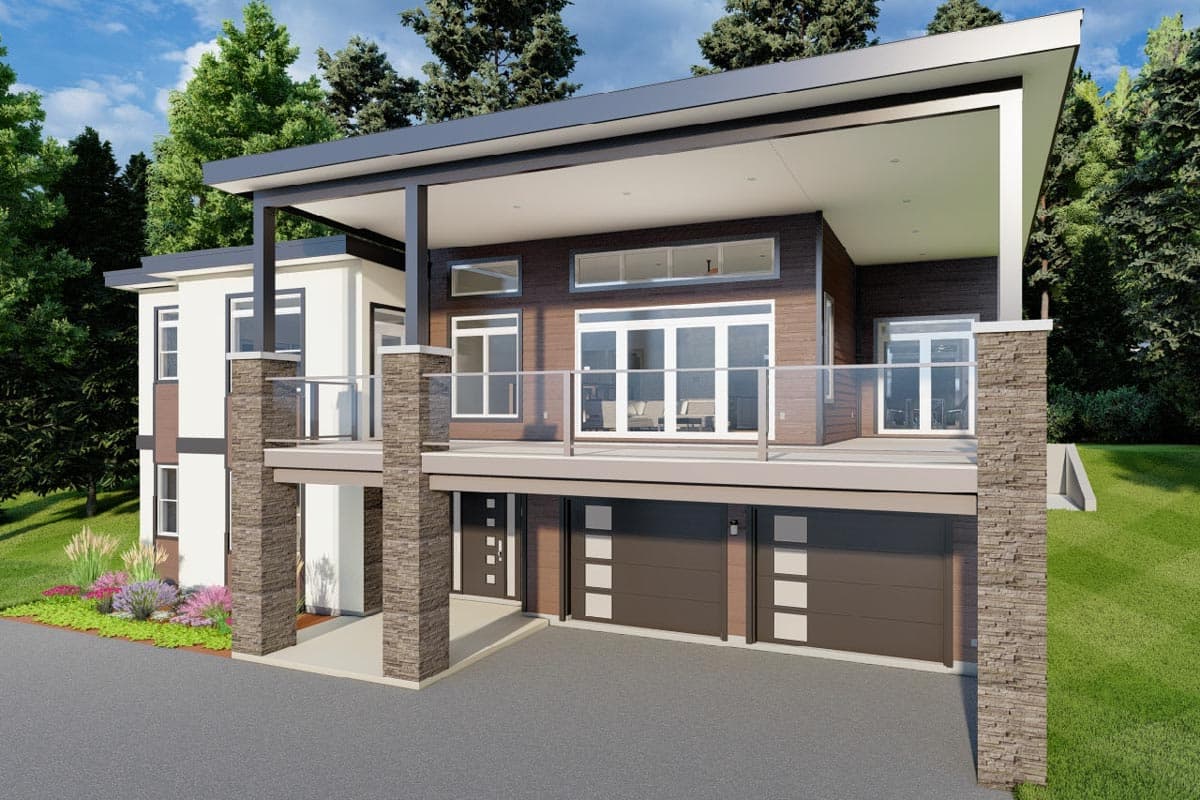 Plan 67770MG: Up-Sloping Two-Level Modern House Plan with Rec Room and Drive-Under 2-Car Garage - Image #6 - Contemporary, Mid Century Modern, Modern