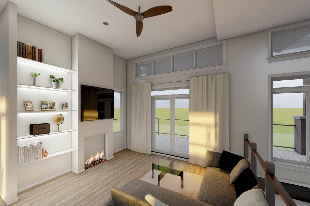 Plan 67770MG: Up-Sloping Two-Level Modern House Plan with Rec Room and Drive-Under 2-Car Garage - Image #7 - Contemporary, Mid Century Modern, Modern