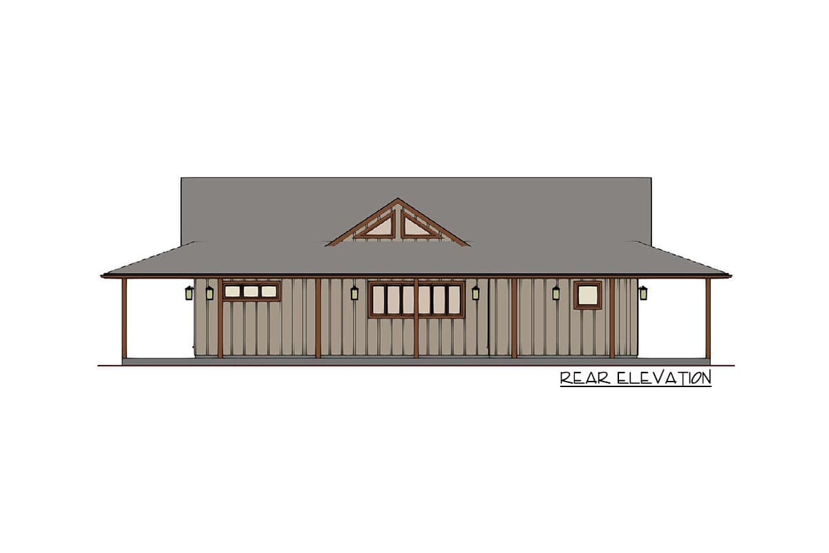 Rear elevation house plan showing a single-story structure with a wraparound porch, vertical siding, and a gable dormer.