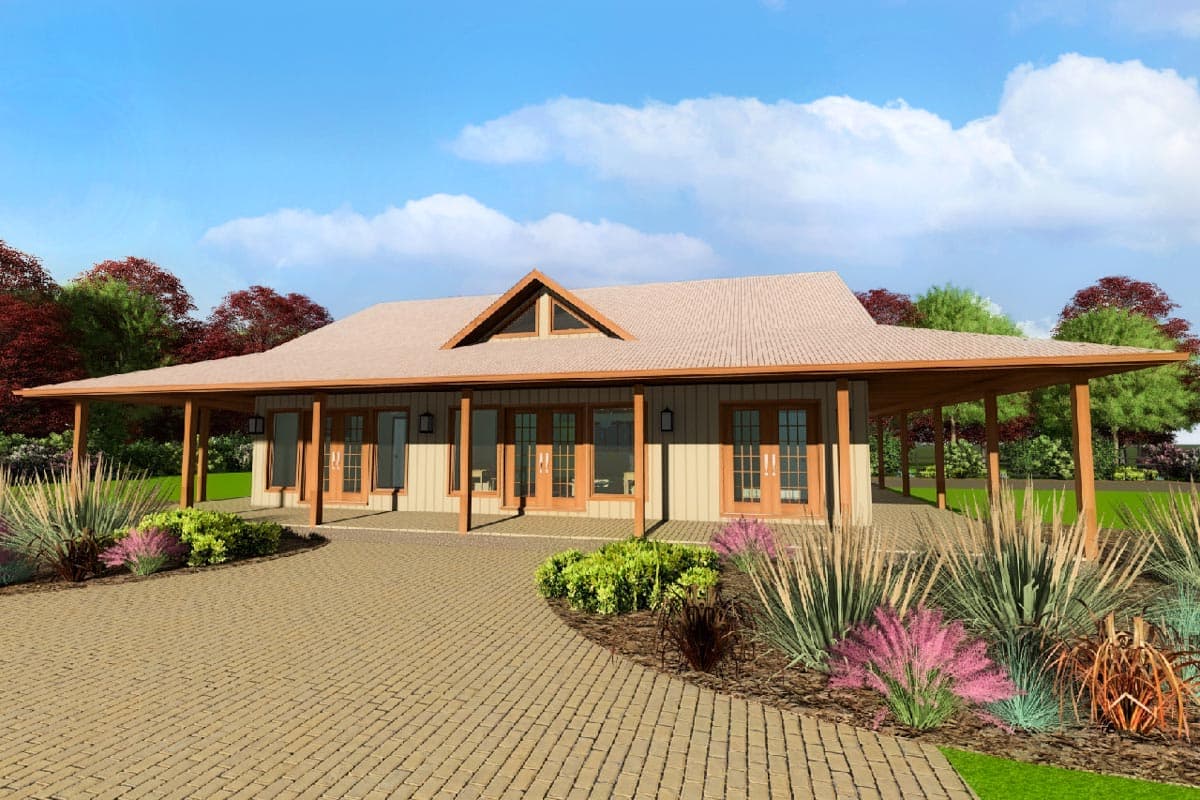 House plan exterior with a single story, low-pitched roof, exposed rafter tails, and a covered porch. Gable with a triangular window.