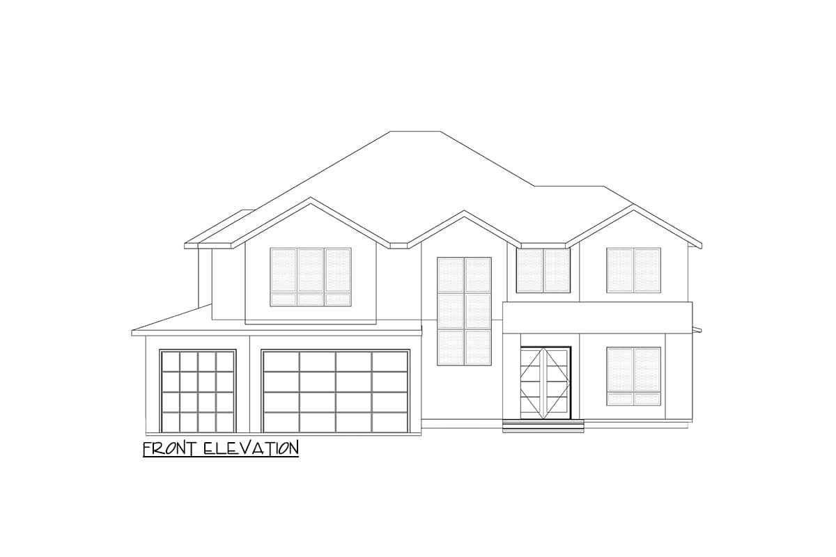 Front elevation drawing of a two-story house with a hip roof, two garage doors, and a central entrance.