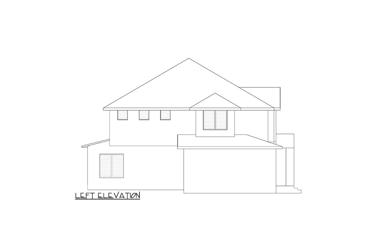 Left elevation house plan showing a two-story structure with a prominent gable, multiple windows, and a pitched roof.