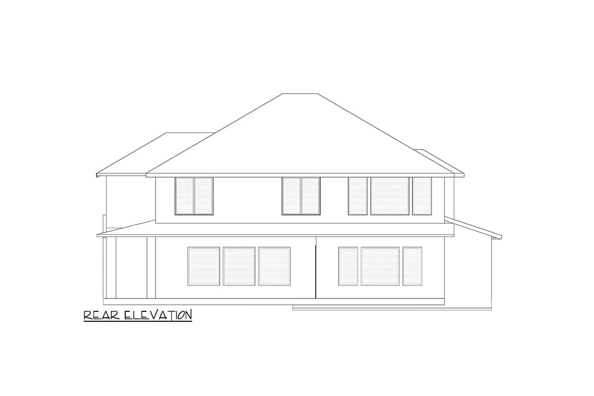 Rear elevation drawing of a two-story house with a large central gable and multiple windows on both levels.
