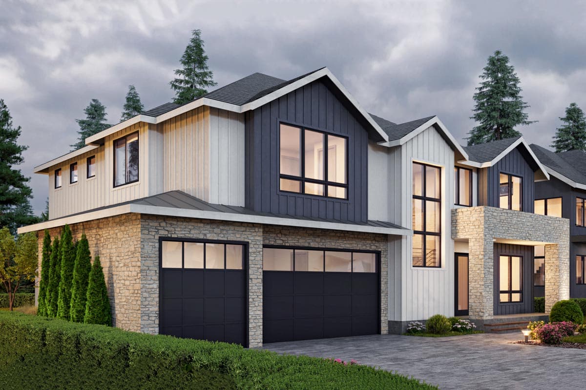Modern house plan exterior with stone base, metal siding, gable roofs, and a three-car garage.
