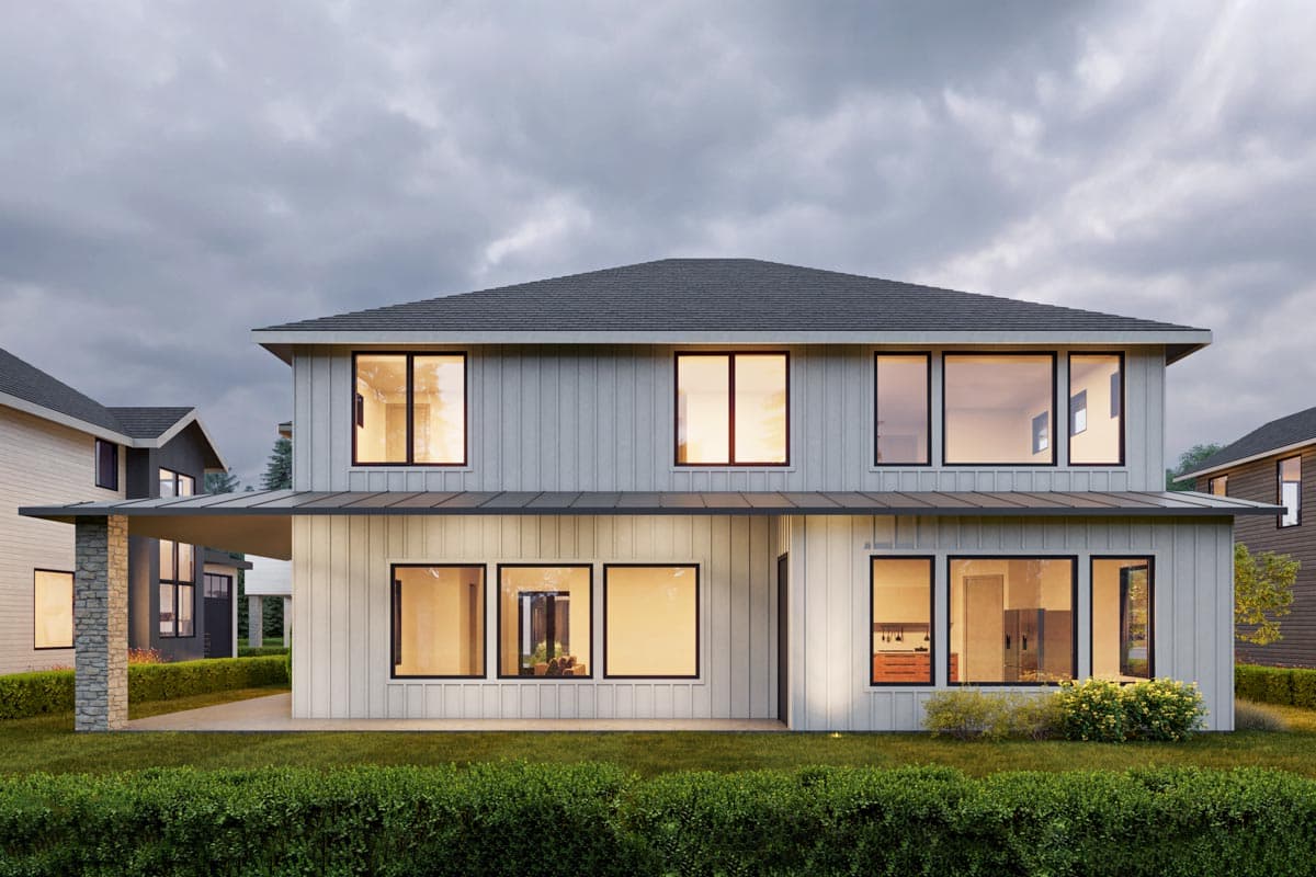 Two-story Modern Farmhouse exterior with vertical siding, large windows, and a covered stone-pillar porch.
