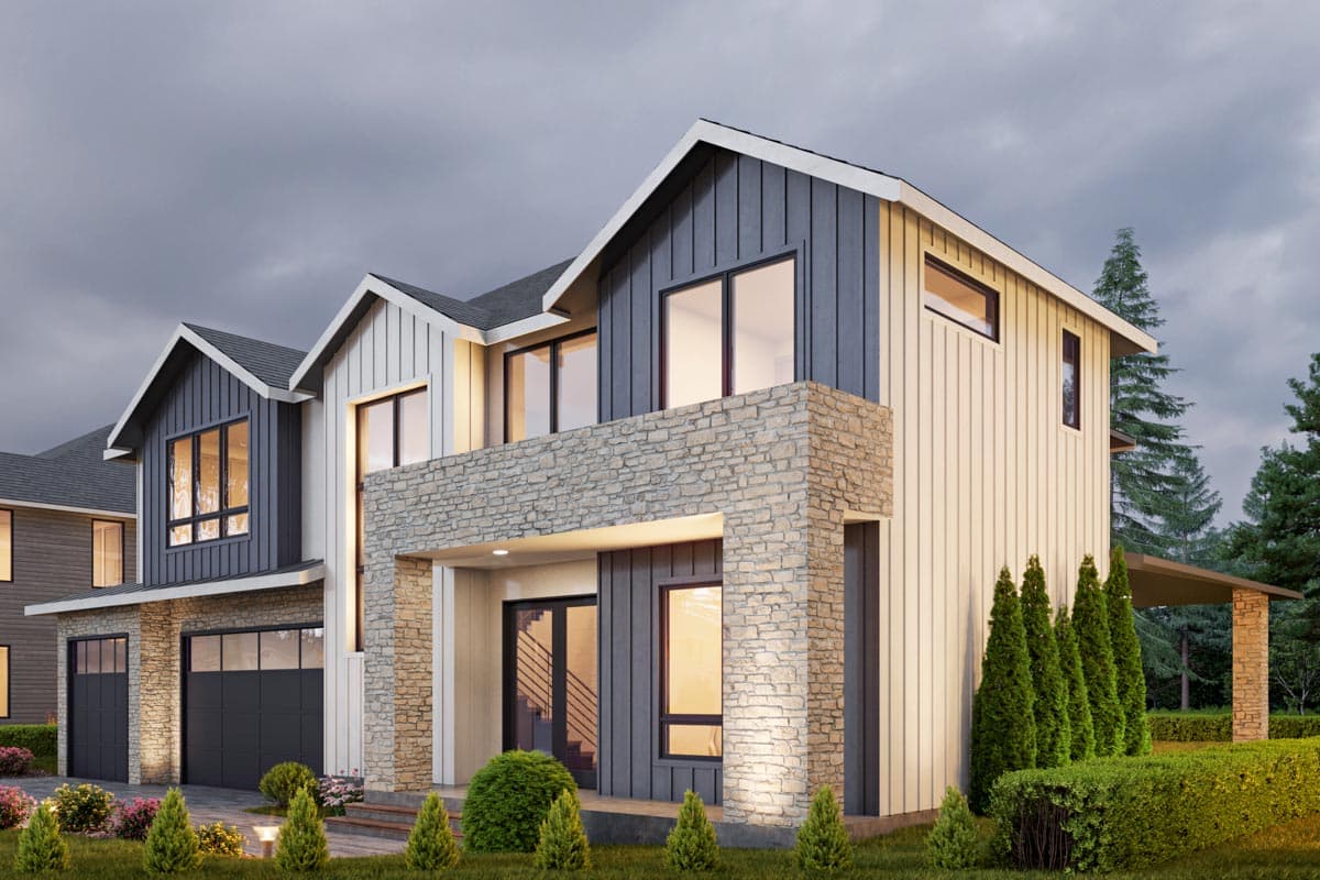 Modern house plan exterior with stone facade, vertical siding, multiple gables, and attached two-car garage.