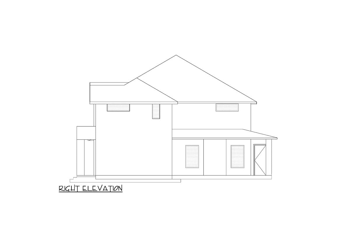 Right elevation drawing of a two-story house plan with a covered porch, gabled roof, and multiple windows.