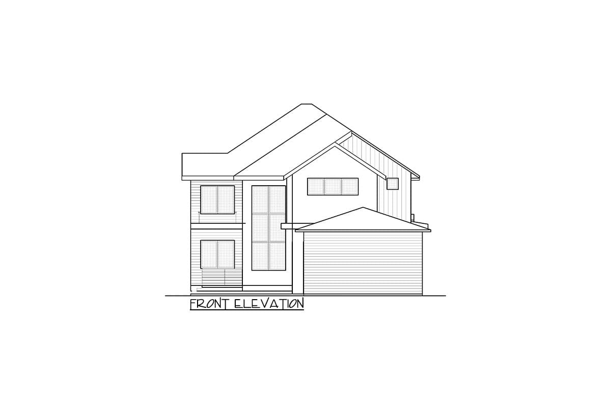 Front elevation drawing of a two-story house plan with an attached garage, multiple gables, and varied window styles.