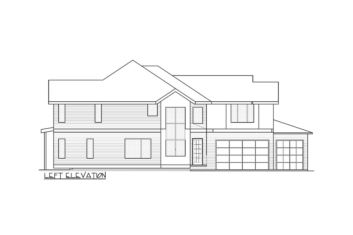 Left elevation house plan drawing for a two-story home with a side-entry garage, multiple gables, and a tall window feature.