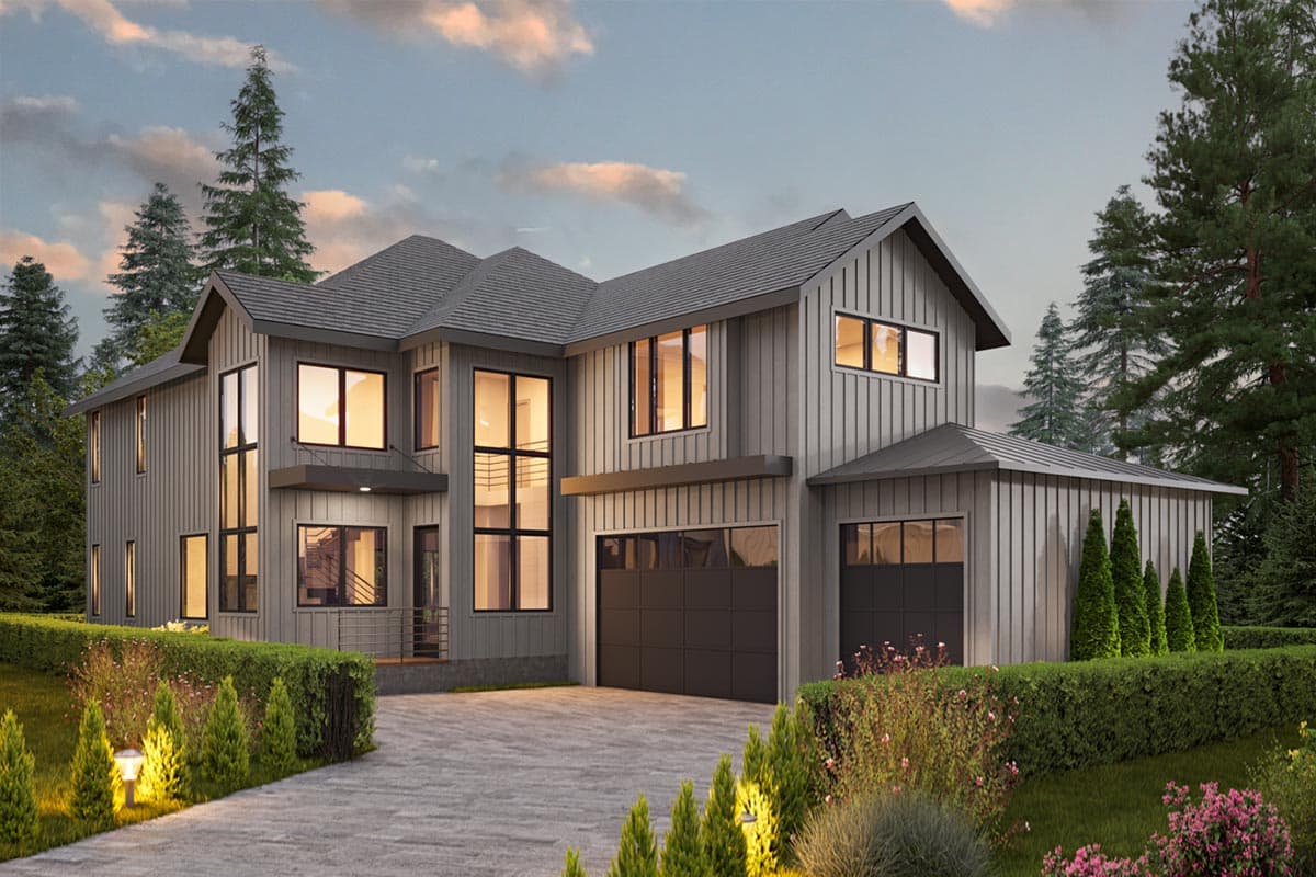 Modern house plan exterior with two stories, gabled roof, vertical siding, and attached garage. Large windows and covered entry.