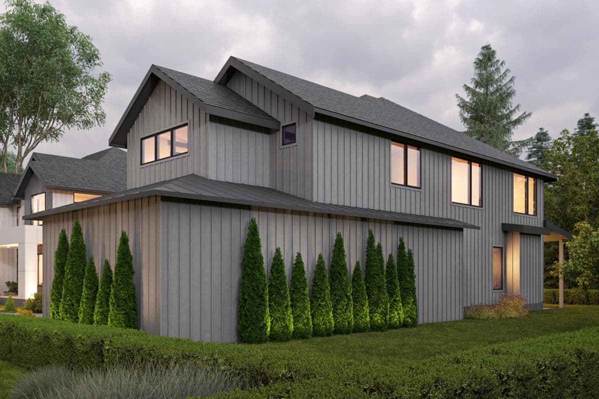 Modern house plan exterior with vertical siding, multiple gables, and dark metal rooflines.