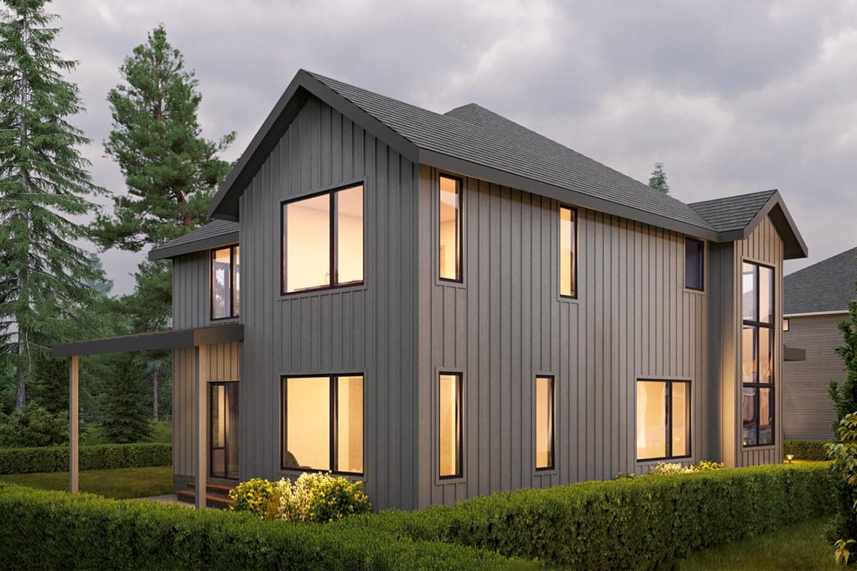 Two-story Modern Farmhouse exterior with vertical siding, a prominent gable, covered entry, and large, dark-framed windows.
