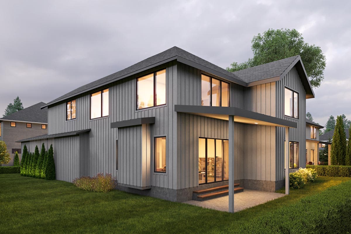 Modern house plan exterior, two stories, vertical siding, gabled roof, covered patio with large windows.
