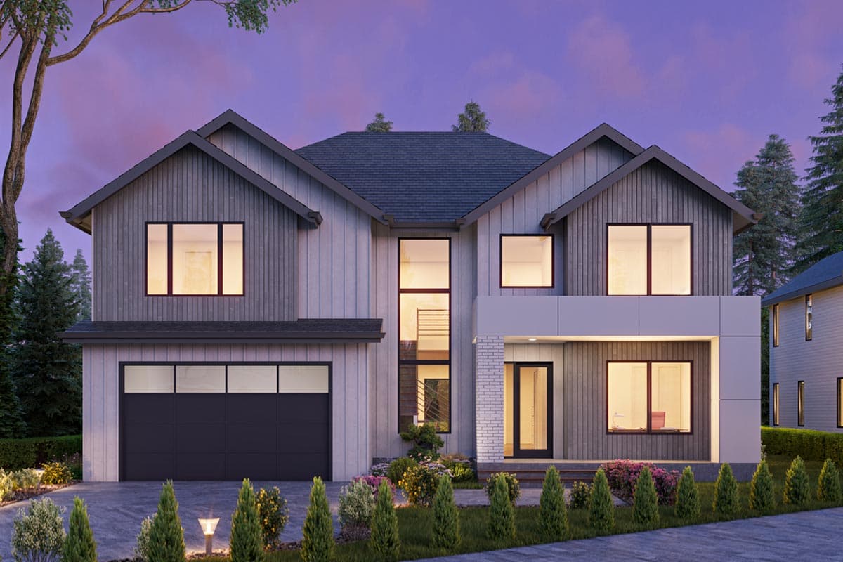 Modern house plan exterior with two stories, gabled rooflines, and a front-entry garage. Features include vertical siding and large windows.