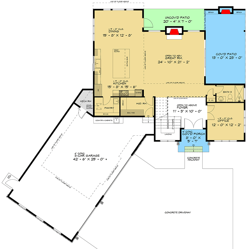 Plan 666228RAF: Contemporary 3 Bed House Plan Under 3500 Square Feet with Angled 3-Car Garage - Floor Plan - Main Level - Contemporary, Modern Farmhouse, New American