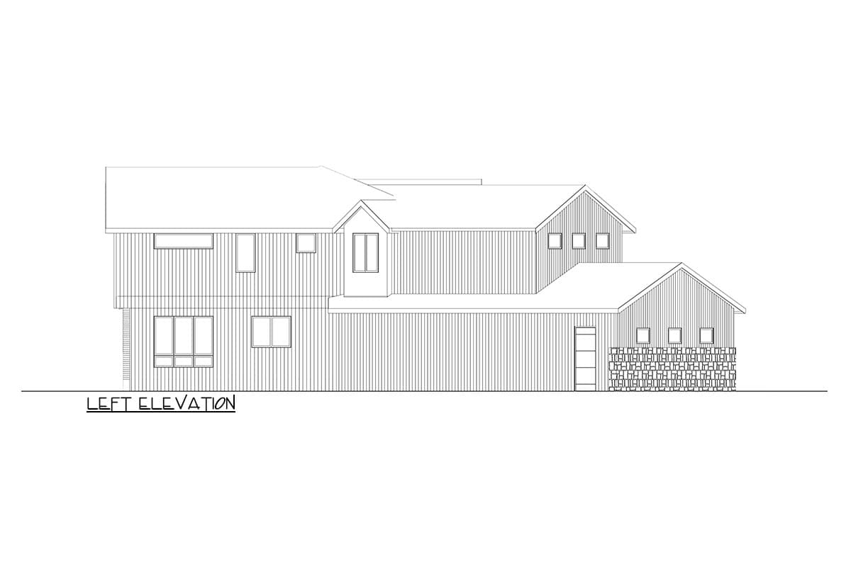 Left elevation house plan with vertical siding, multiple gables, and various window configurations.