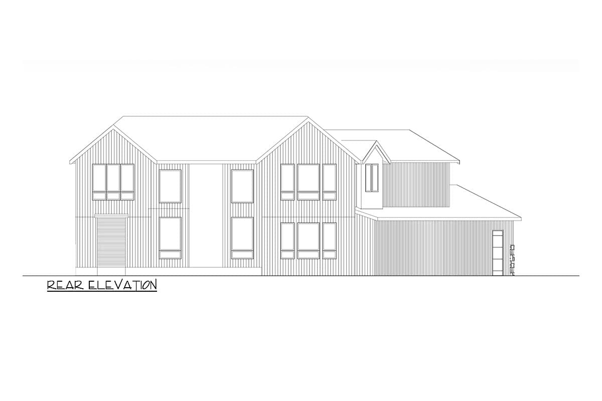 Rear elevation drawing of a two-story house plan with multiple gables, various window arrangements, and an attached garage.