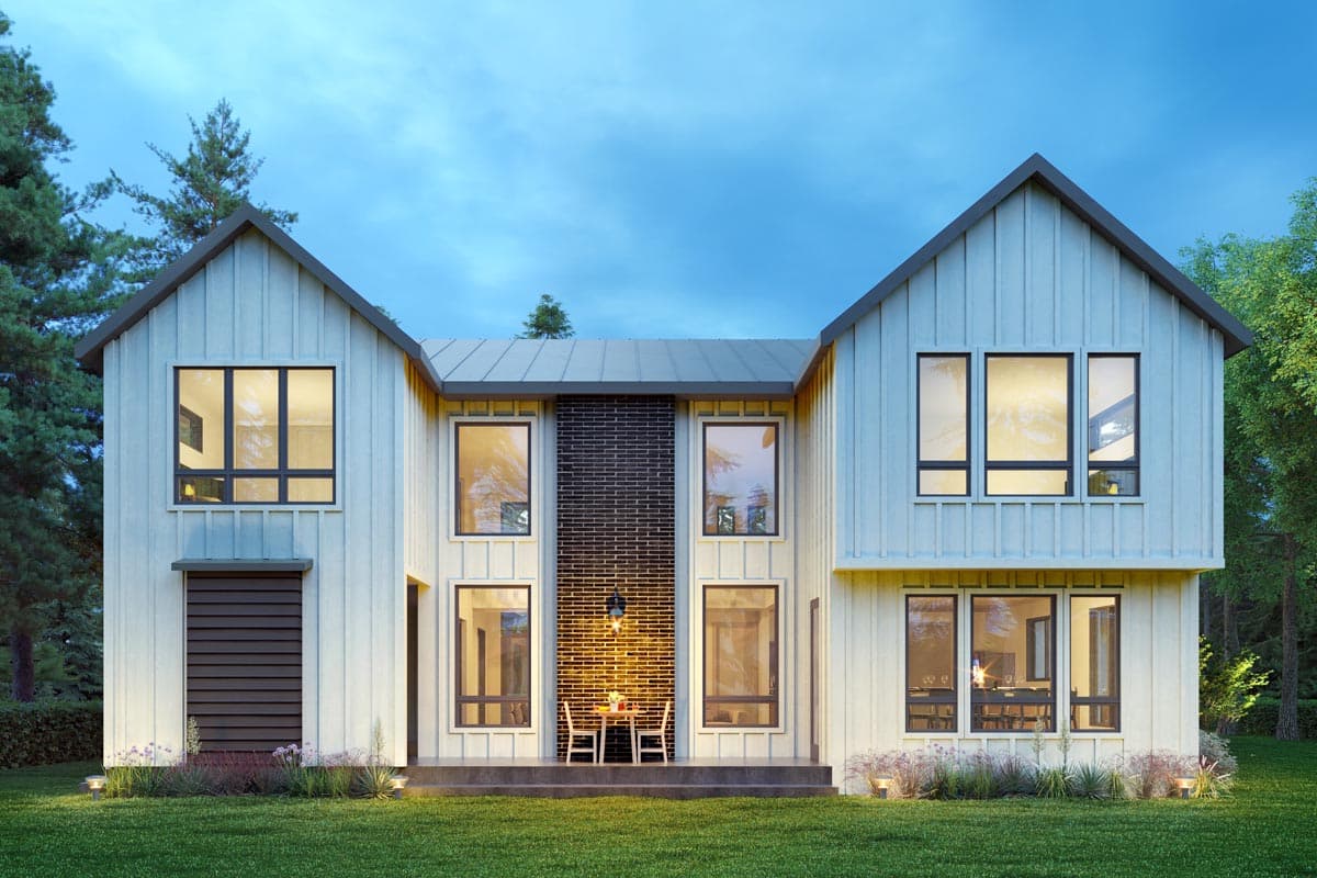 Modern Farmhouse style house plan exterior with vertical siding, gables, metal roof, and large windows.