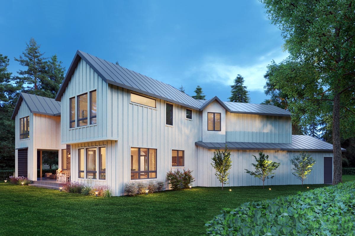 House plan exterior with Modern Farmhouse style, two stories, vertical siding, metal roof, gables, and large windows.