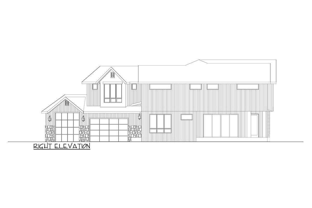 Right elevation of a two-story house plan featuring a gabled garage, multi-panel windows, and vertical siding.