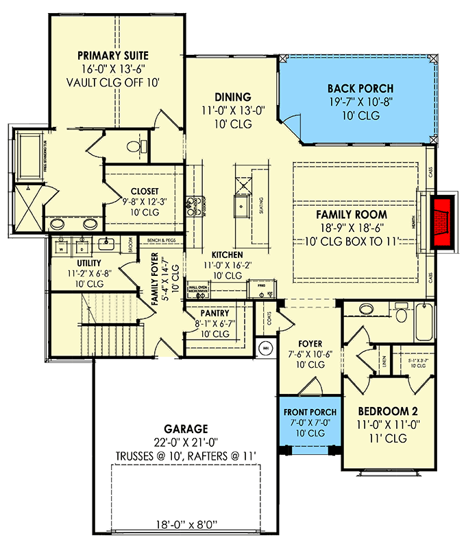 Plan 818079JSS: Transitional French Country House Plan with 2-Car Garage - Floor Plan - Main Level - European, Farmhouse, French Country, Modern Farmhouse, Transitional