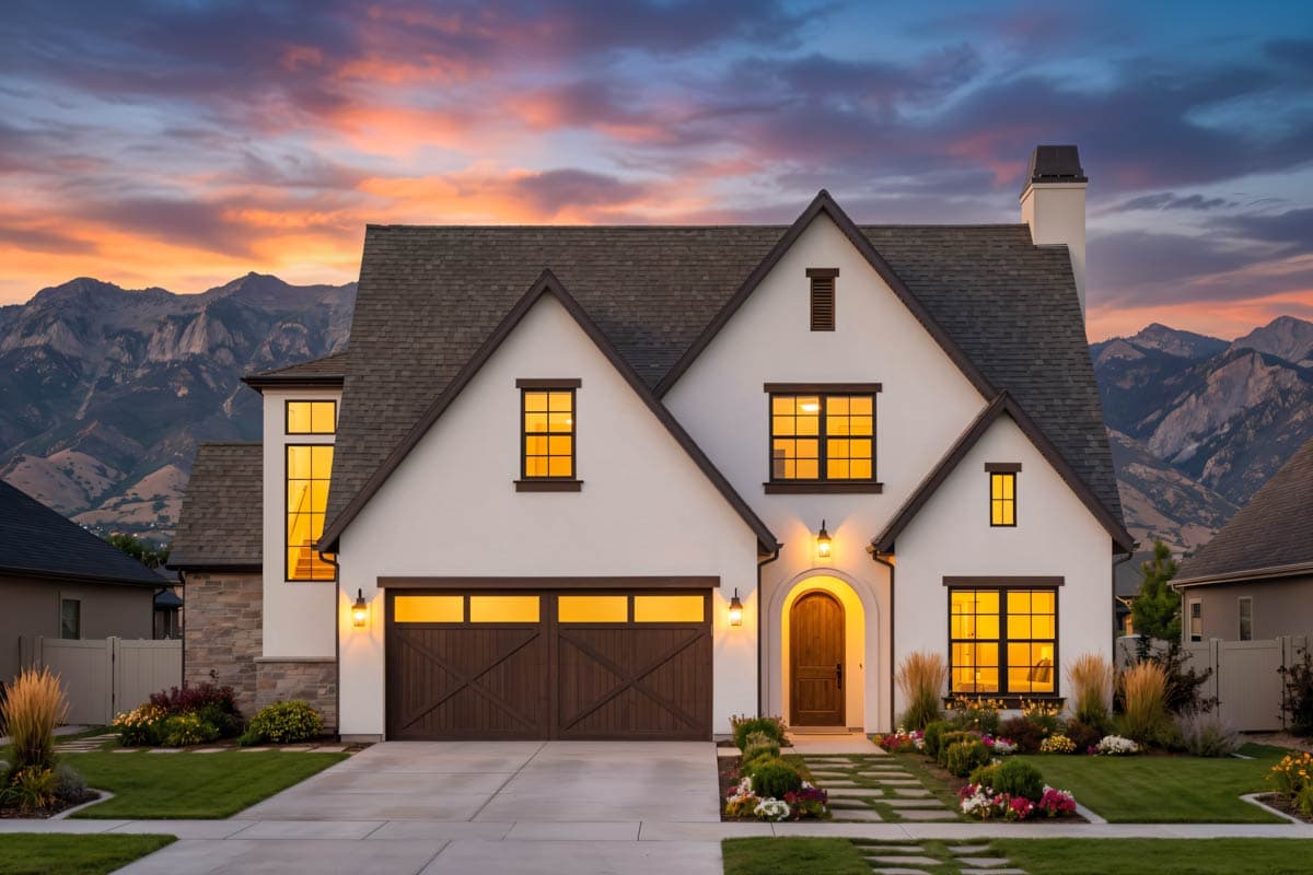 House plan exterior: Two-story Modern Farmhouse with arched entryway, gabled dormers, and double garage.