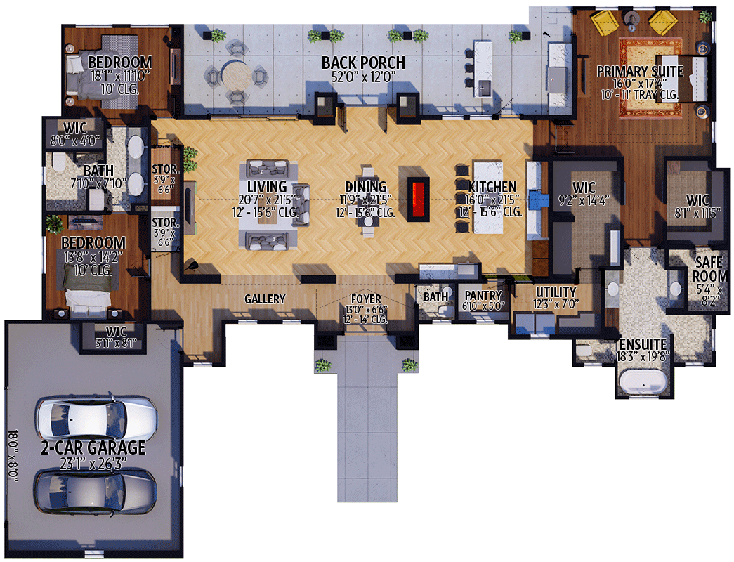 Plan 430092LY: Spanish-Style Contemporary Ranch 3300-Plus Sq. Ft. House Plan with Vaulted Open Concept Interior - Floor Plan - Main Level - Contemporary, Mediterranean, Ranch, Southwest, Spanish