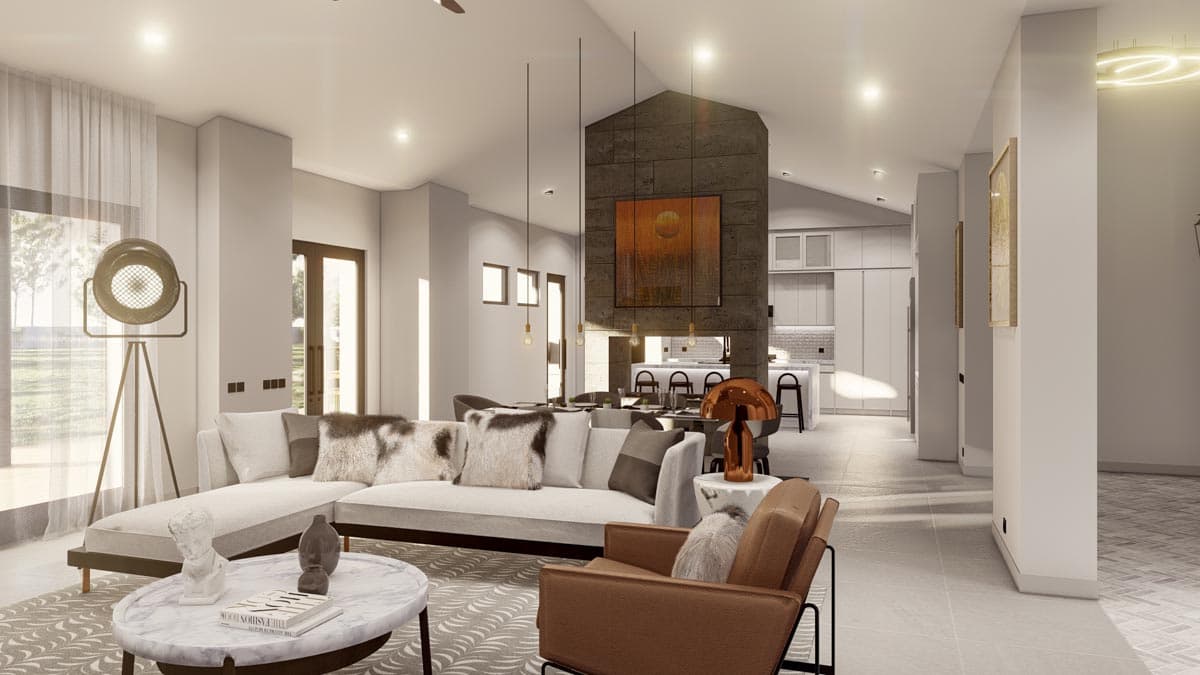 Interior rendering of a great room with vaulted ceiling, stone fireplace, kitchen island with bar stools, and open layout.